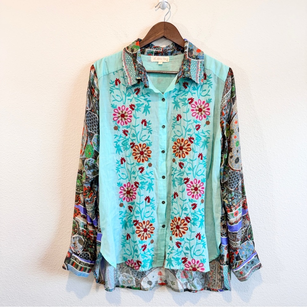 Boho Embroidered Patchwork Button Front Tunic Shi… - image 1